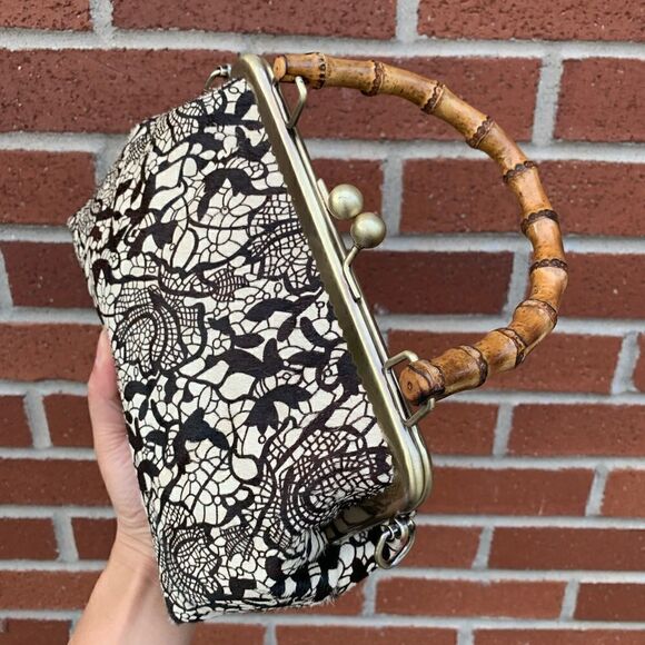 Chic Handmade Real hair-on-horsehide Black Lace Printed, Bamboo Handle Bag - Picture 11 of 16